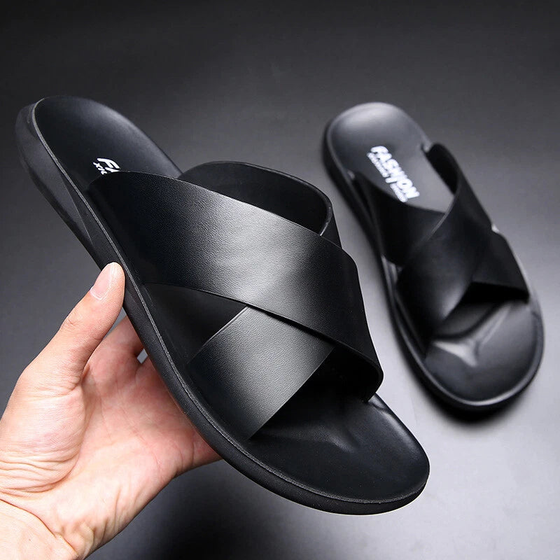 Mens Roman Non-slip Cross Strap Leather Sandals Male Summer Shoes Beach Slippers