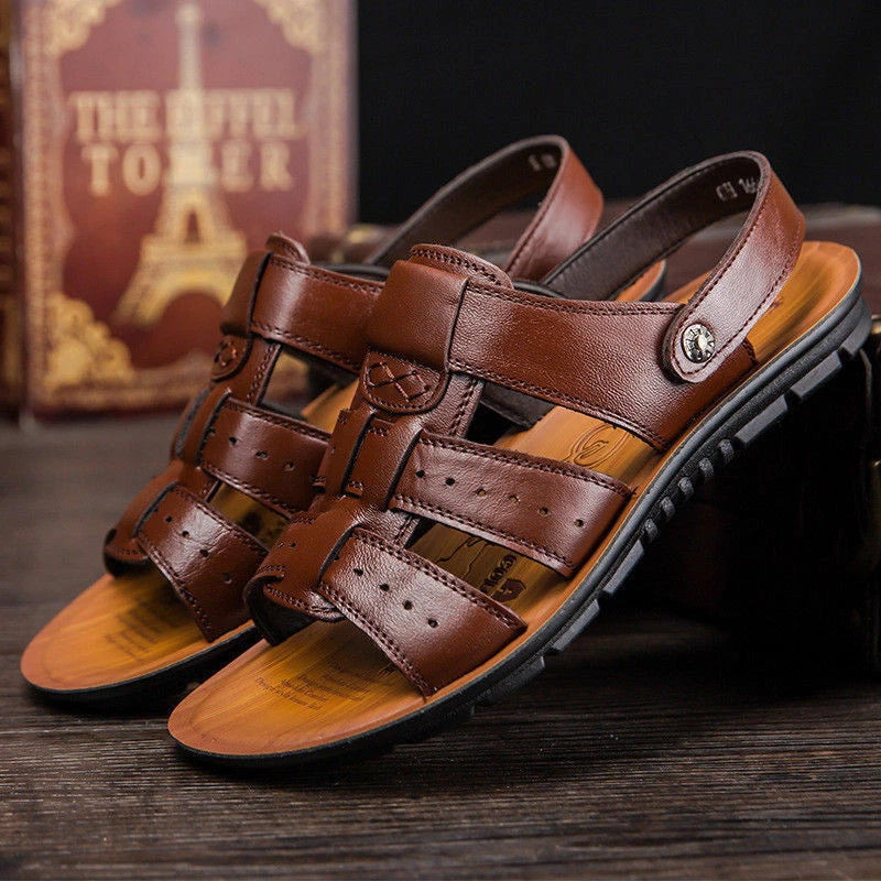 Fashion Men Beach Open Toe Driving Leather Flats Sandals Outdoor Casual Slippers