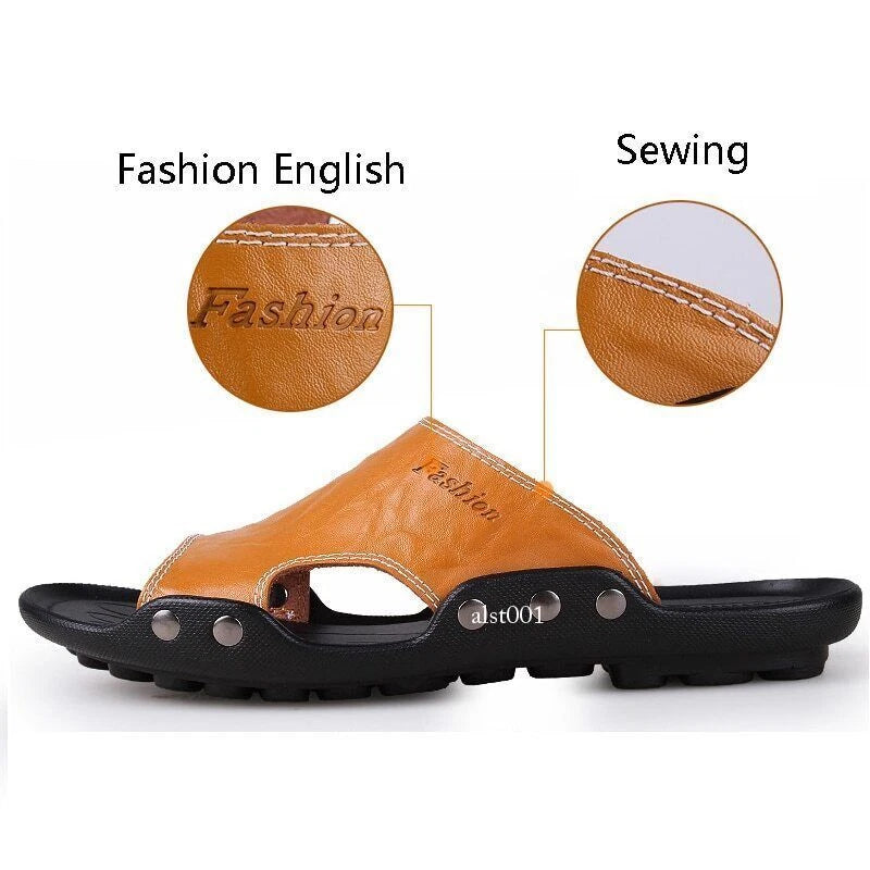 Genuine Leather Sandals Mens Slippers Flip Flops Beach Male Men Casual Open Toe