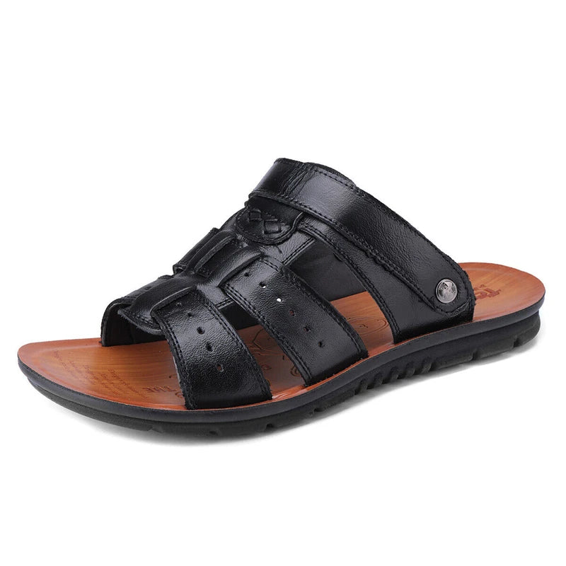 Fashion Men Beach Open Toe Driving Leather Flats Sandals Outdoor Casual Slippers