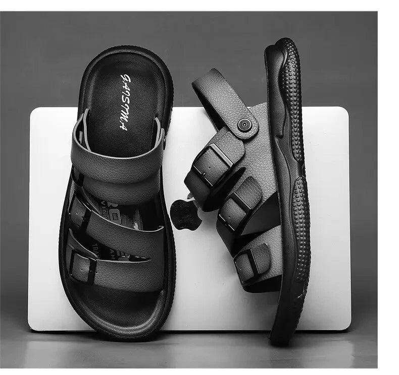 Summer Open Toe Slippers Sandals Hollow Out Faux Leather Men's Flats Beach Shoes