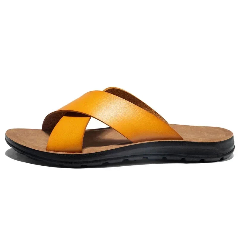 Men Open Toe Leather Sandals Beach Slides Casual Cork Footbed Slippers Summer