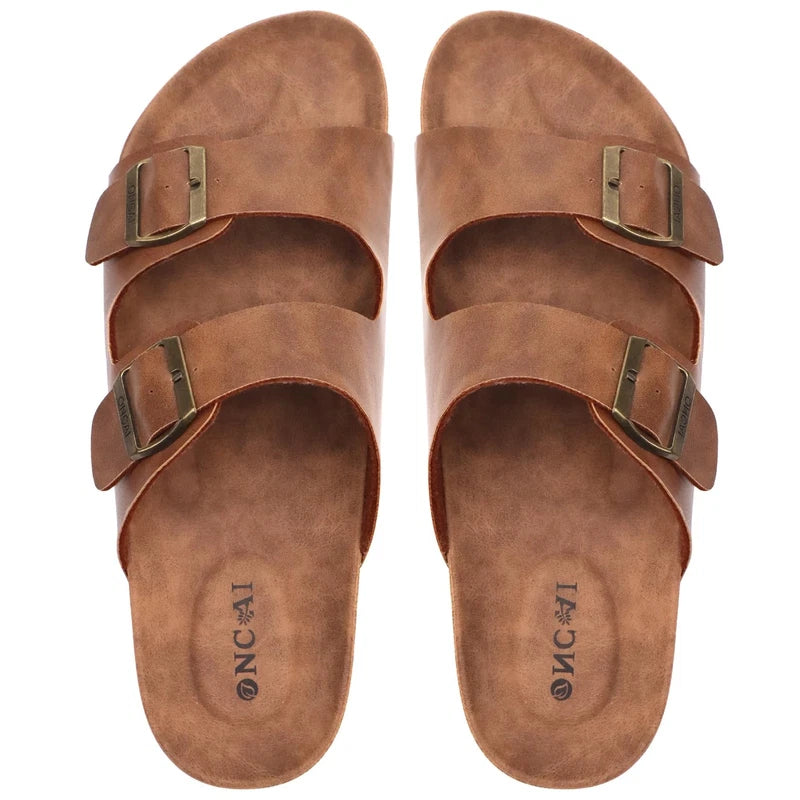 Men's Size 7-13 Beach Slides Sandals, Cork Footbed Slippers, Adjustable Straps