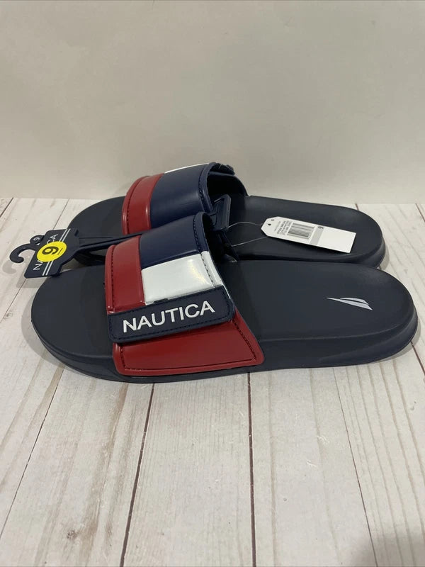 NWT Nautica Bower Athletic Adjustable Slides Sandals Mens Size 9 Navy White Red