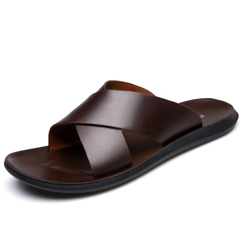 Mens Roman Non-slip Cross Strap Leather Sandals Male Summer Shoes Beach Slippers