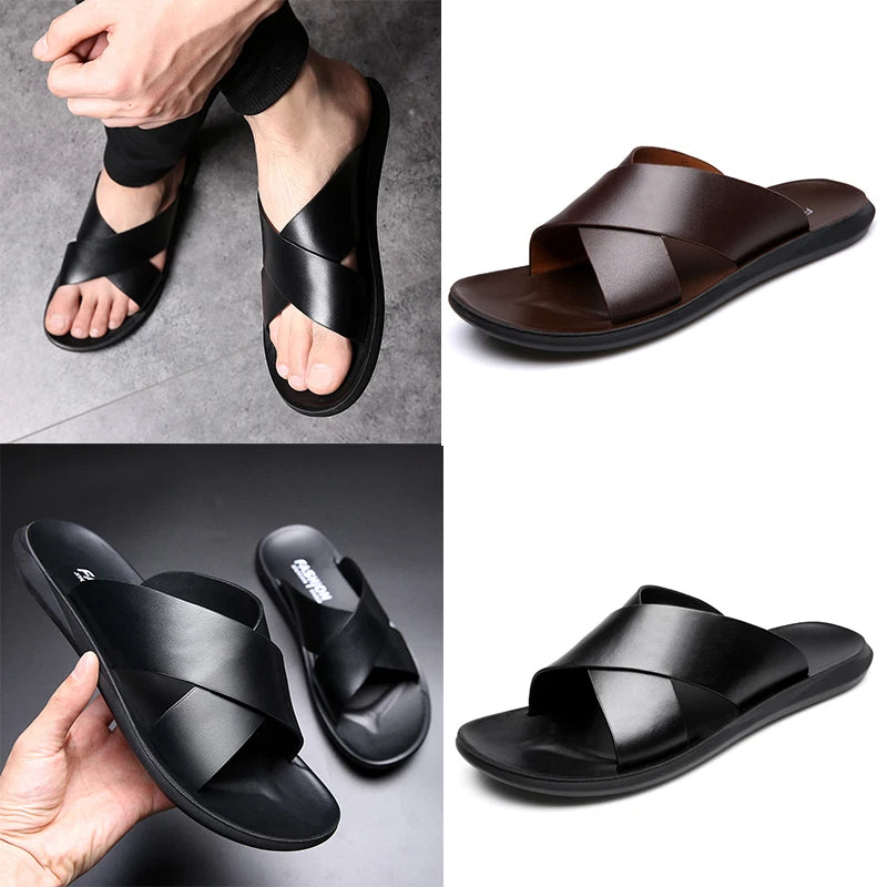 Men Summer Sandals Leather Classic Slippers Outdoor Beach Rubber Flip Flop Shoes