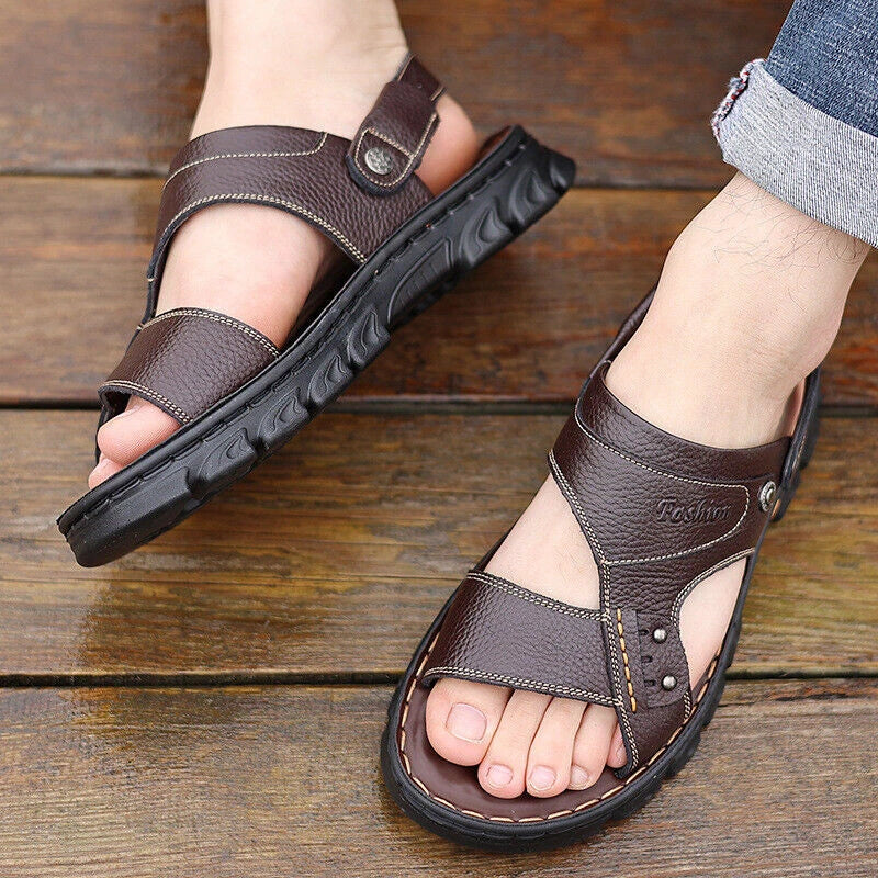 Men's Summer Leather Gladiator Sandals Adjustable Casual Slippers Beach Slippers
