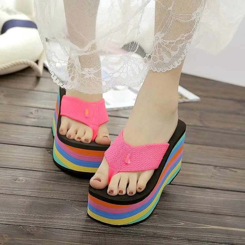 Womens Flat Platform Sandals Flip-flops Shoes Rainbow Color Beach Slipper Casual