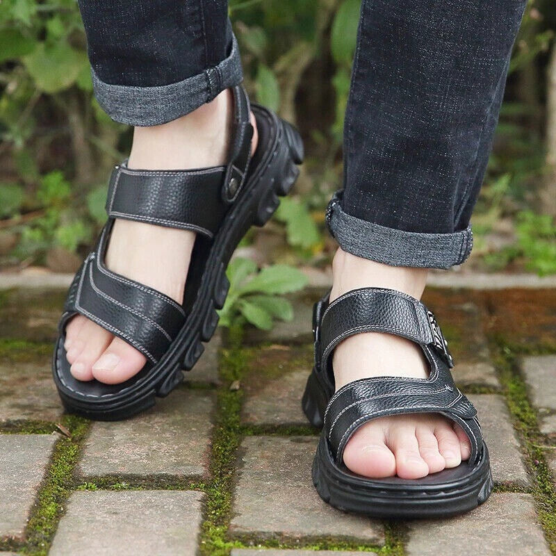Mens Genuine Leather Sandals Summer Casual Sports Beach Shoes Soft Home Slippers