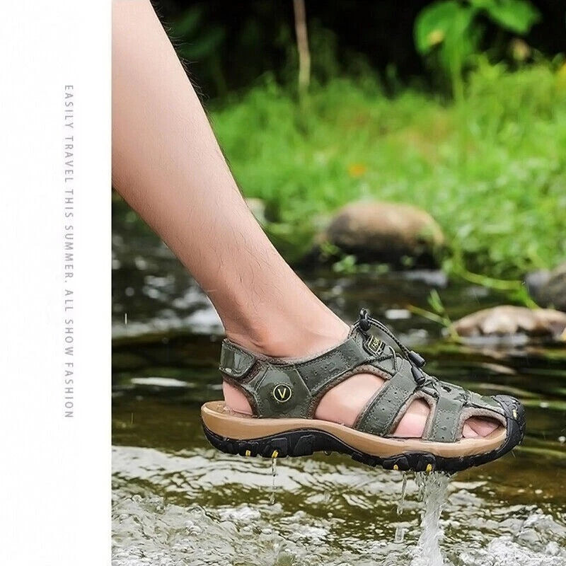 Summer Men's Leather Sandals Closed Toe Beach Nonslip Outdoor Sport Hiking Shoes