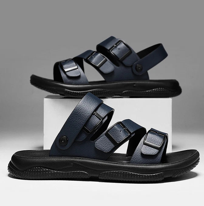 Summer Open Toe Slippers Sandals Hollow Out Faux Leather Men's Flats Beach Shoes