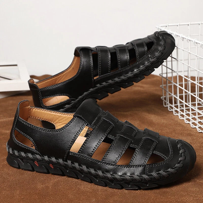 Men's Sandals Summer Soft Genuine Leather Flat Roman Sandals Beach Slippers