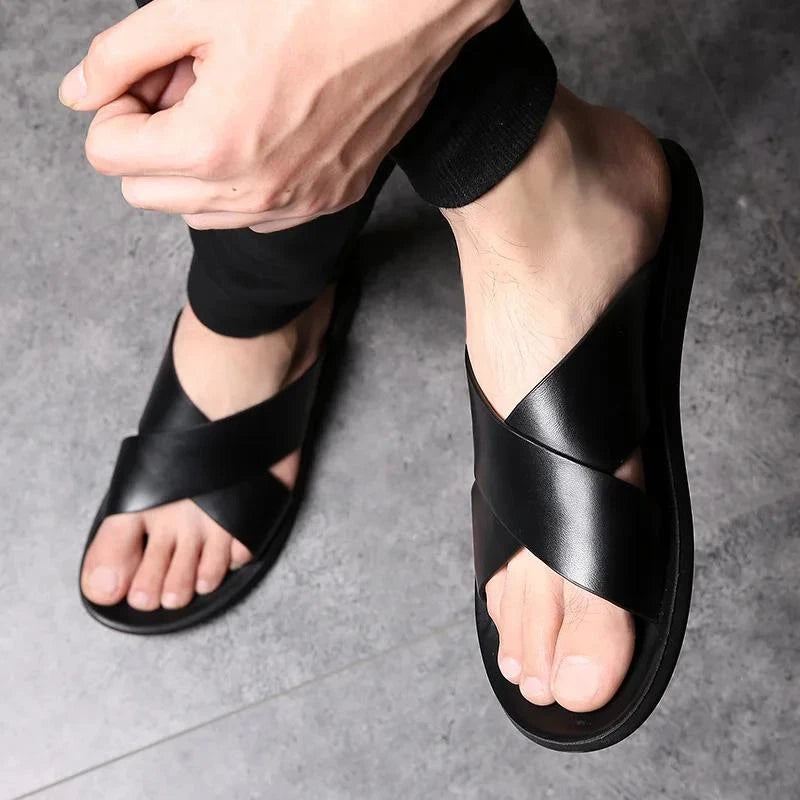 Mens Leather Flats Slip On Summer Casual Slippers Casual Beach Slides Shoes Size