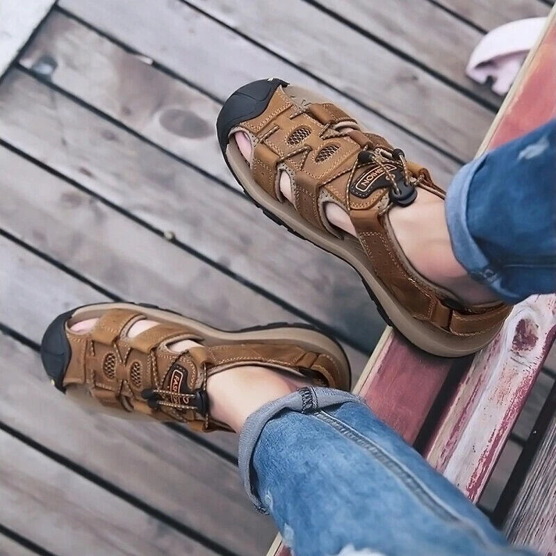 Summer Men's Leather Sandals Closed Toe Beach Nonslip Outdoor Sport Hiking Shoes