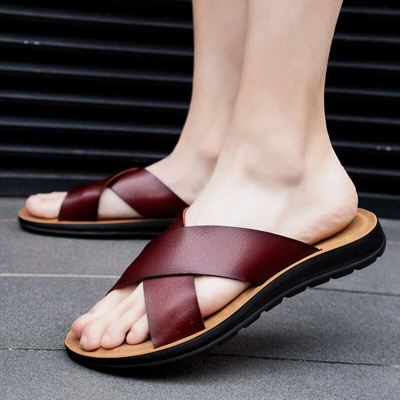 Mens Slippers Anti Skid Soles Men Beach Slip On Cross Strap Summer Casual Shoes