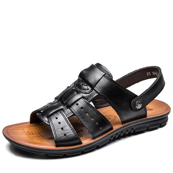 Fashion Men Beach Open Toe Driving Leather Flats Sandals Outdoor Casual Slippers