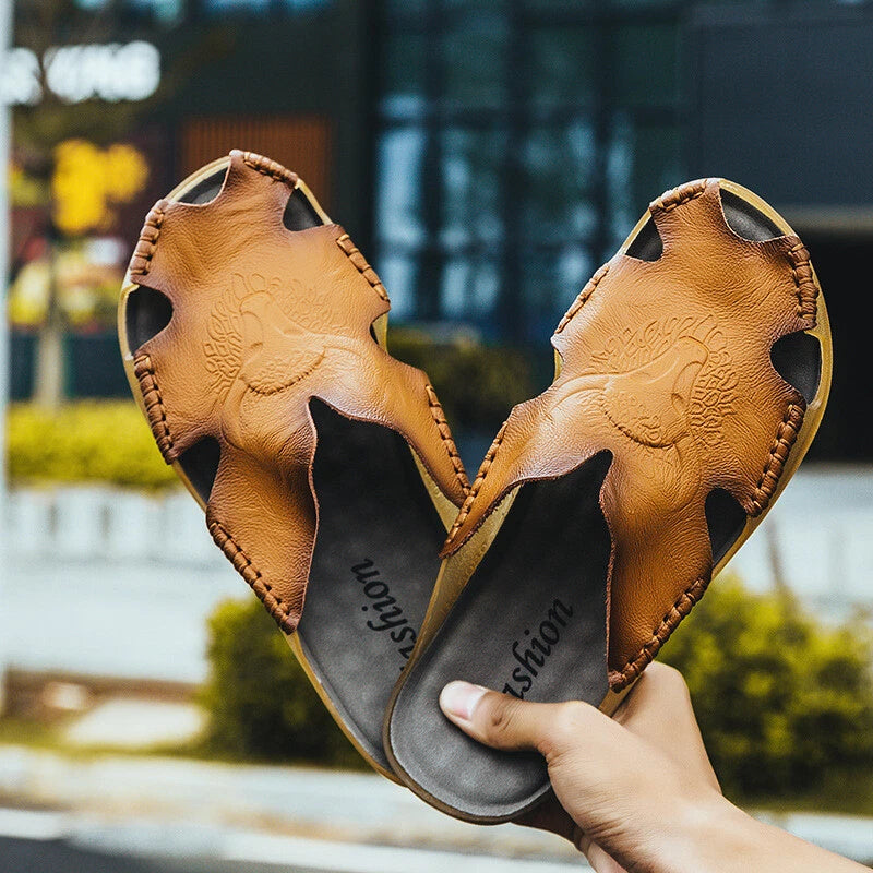 Summer Men's Beach Sandals Leather Closed Toe Slippers Outdoor Shoes Mules Slip