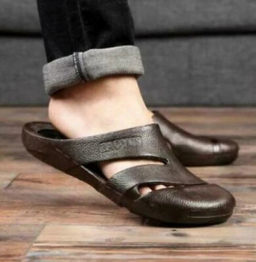 Mens Faux Leather Closed Toe Mules Slippers Summer Beach Slides Sandals Shoes