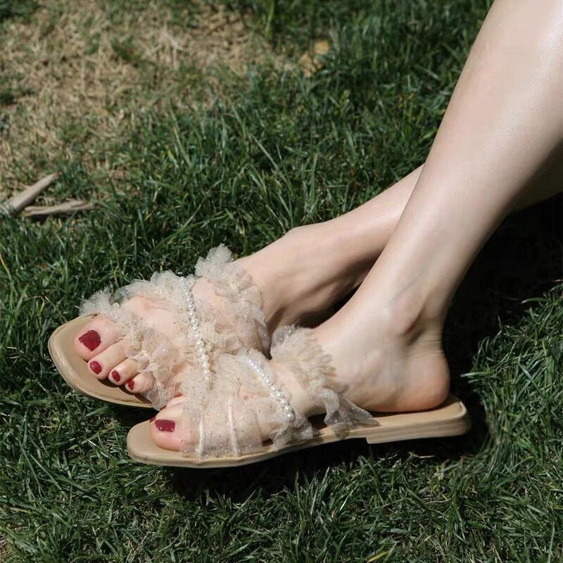 Retro lace pearl slippers women fashion flat beach sandal  36/6.5