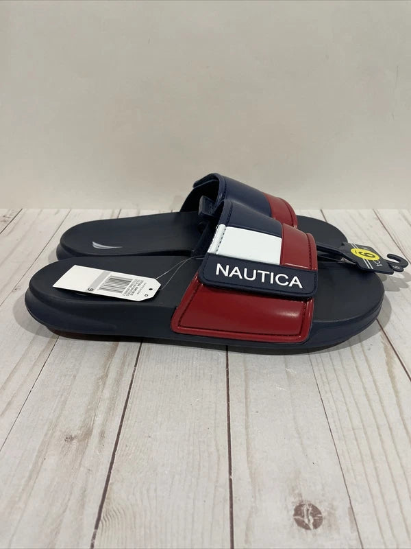 NWT Nautica Bower Athletic Adjustable Slides Sandals Mens Size 9 Navy White Red