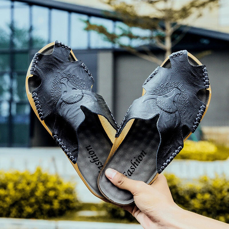 Summer Men's Beach Sandals Leather Closed Toe Slippers Outdoor Shoes Mules Slip