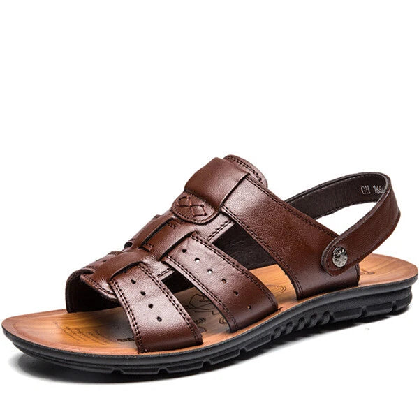 Fashion Men Beach Open Toe Driving Leather Flats Sandals Outdoor Casual Slippers