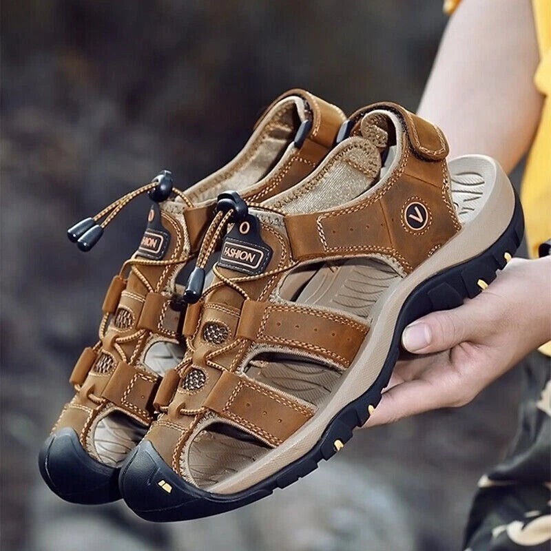 Summer Men's Leather Sandals Closed Toe Beach Nonslip Outdoor Sport Hiking Shoes