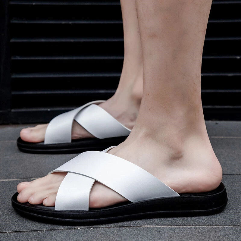 Mens Slippers Anti Skid Soles Men Beach Slip On Cross Strap Summer Casual Shoes