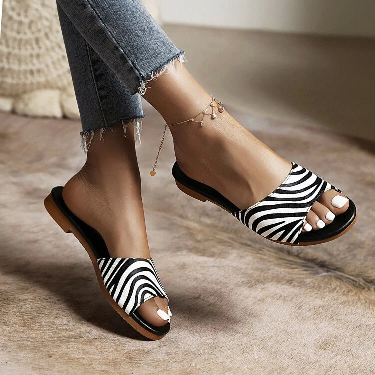 Ladies Casual Peep Toe Slipper Slides Slip On Summer Flat Beach Shoes Sandals B