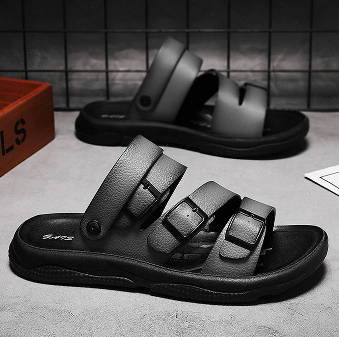 Summer Open Toe Slippers Sandals Hollow Out Faux Leather Men's Flats Beach Shoes