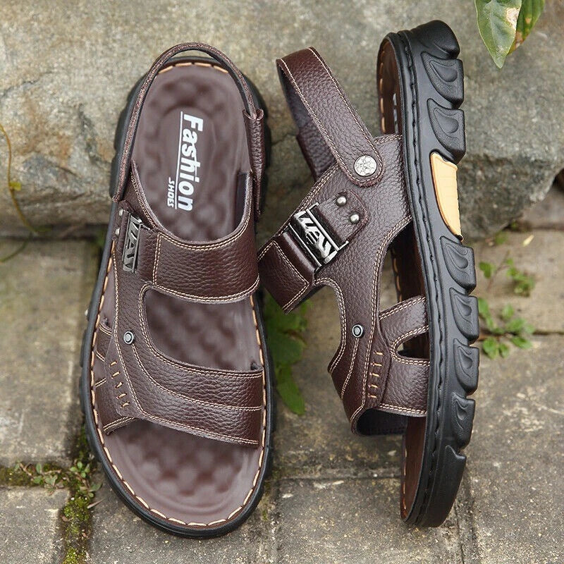 Mens Genuine Leather Sandals Summer Casual Sports Beach Shoes Soft Home Slippers