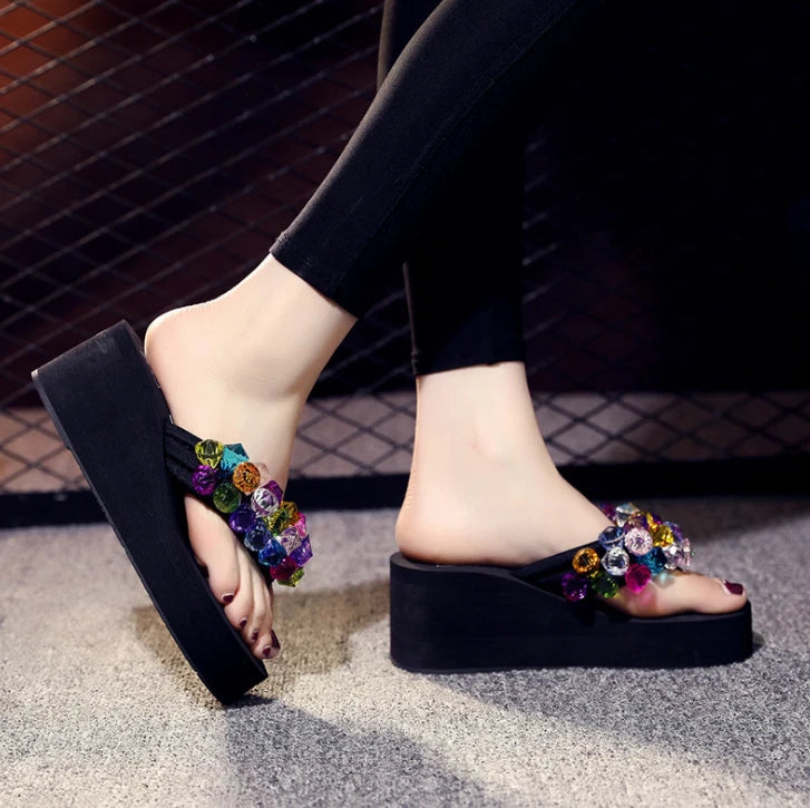 Womens Rhinestone Flip Flops Wedge Heels Platform Sandals Summer Slippers Shoes