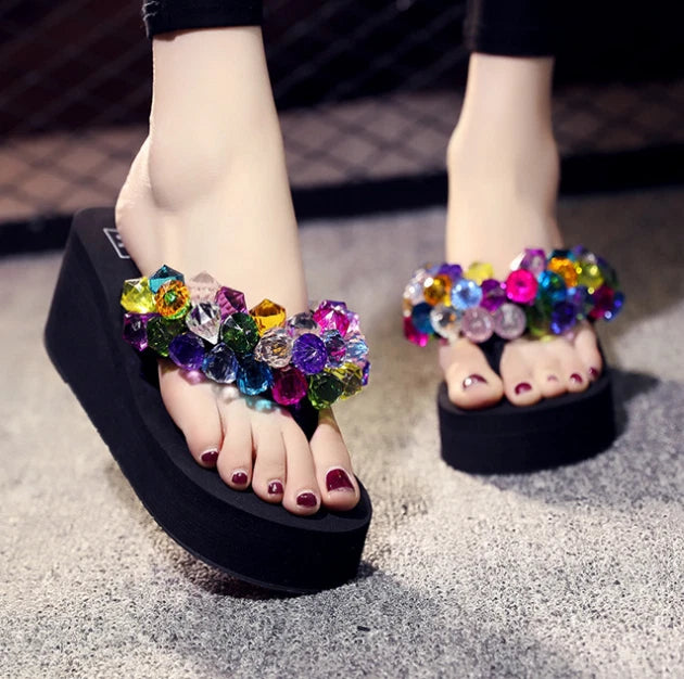 Womens Rhinestone Flip Flops Wedge Heels Platform Sandals Summer Slippers Shoes