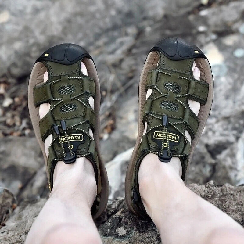 Summer Men's Leather Sandals Closed Toe Beach Nonslip Outdoor Sport Hiking Shoes