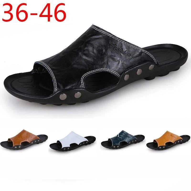 Genuine Leather Sandals Mens Slippers Flip Flops Beach Male Men Casual Open Toe