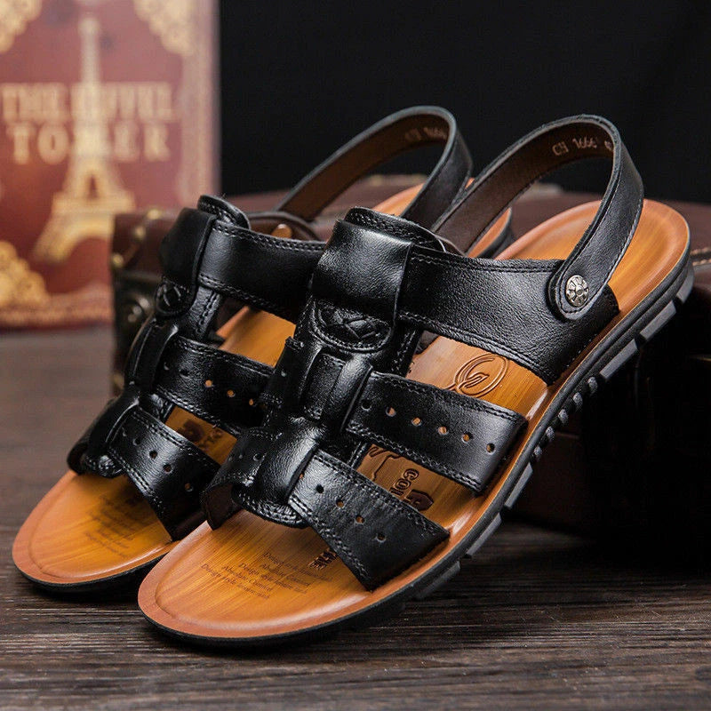 Fashion Men Beach Open Toe Driving Leather Flats Sandals Outdoor Casual Slippers