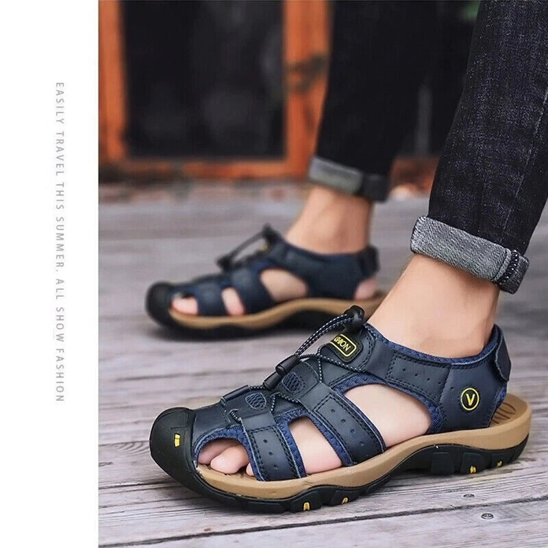 Summer Men's Leather Sandals Closed Toe Beach Nonslip Outdoor Sport Hiking Shoes