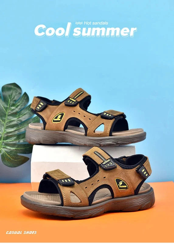 Summer Men Genuine Leather Sandals Classic Walking Shoes Outdoor Beach Slippers