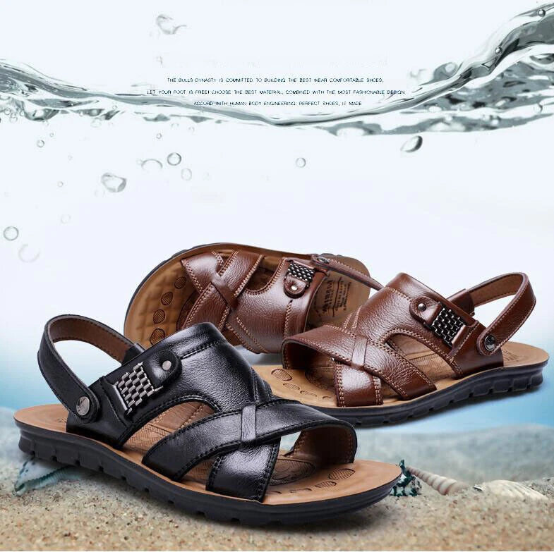Summer Men's Leather Sandals Adjustable Casual Slippers Beach Holiday Shoes Size