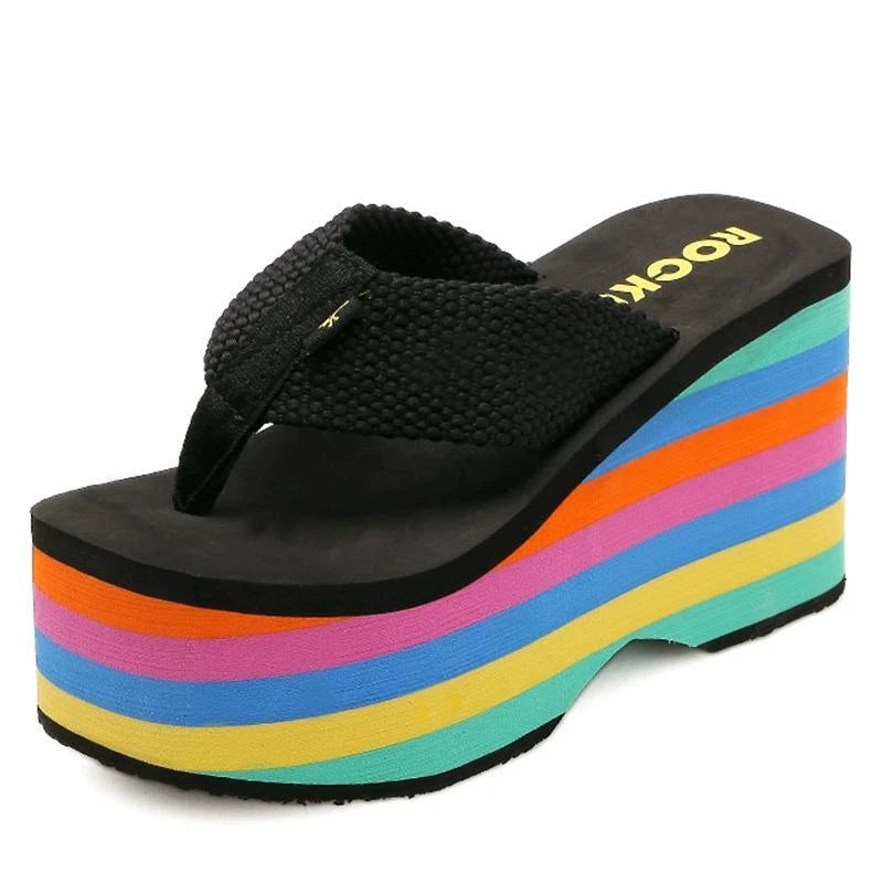 Womens Flat Platform Sandals Flip-flops Shoes Rainbow Color Beach Slipper Casual