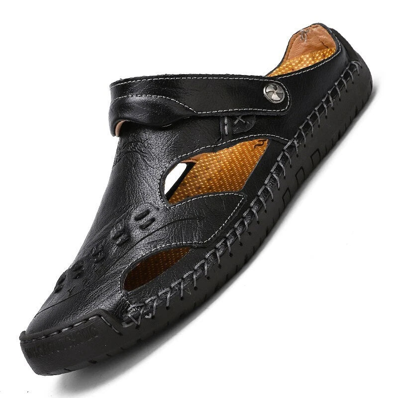 Summer Men's Sandals Leather Outdoor Soft Flat Sneakers Hollow Beach Slipper
