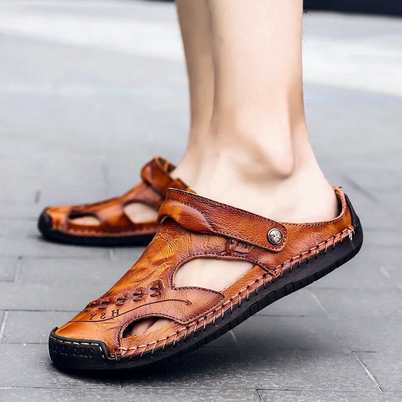Summer Men's Sandals Leather Outdoor Soft Flat Sneakers Hollow Beach Slipper