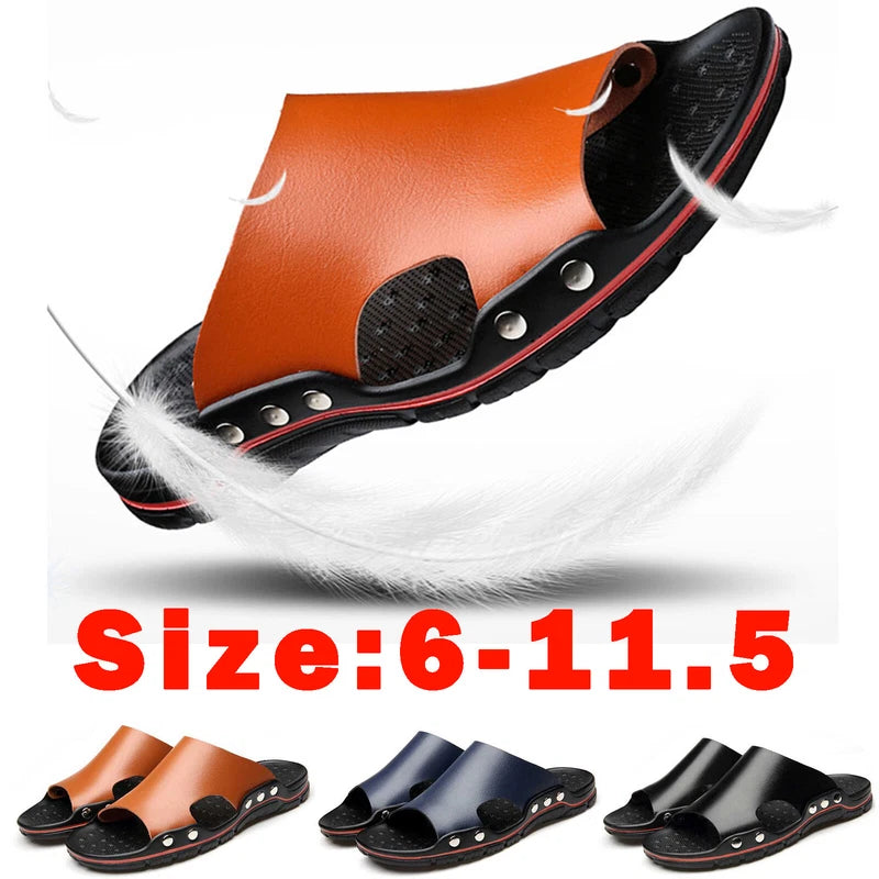 New Mens Leather Casual Sandals Beach Shoes Anti-slip Flat Slippers US Size 11.5