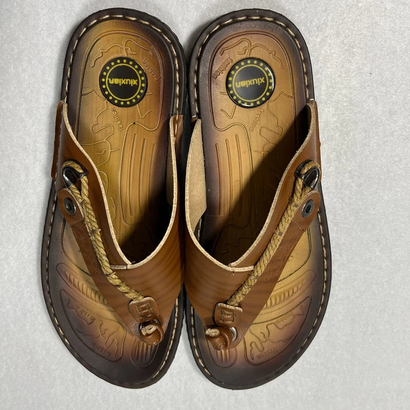 Xiu Xian Men Leather Thong Flip Flop Sandals Brown Slippers Coastal Beach