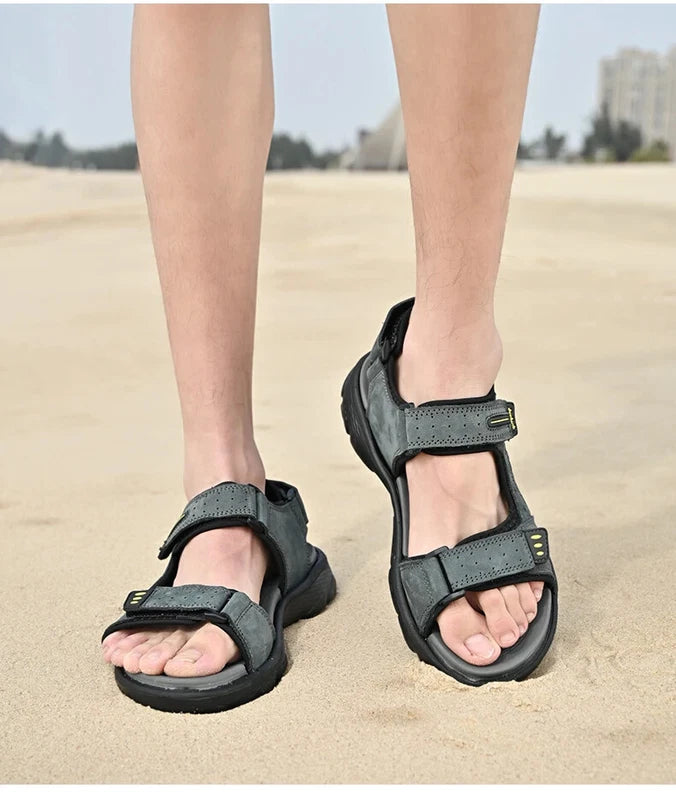 Summer Men Genuine Leather Sandals Classic Walking Shoes Outdoor Beach Slippers