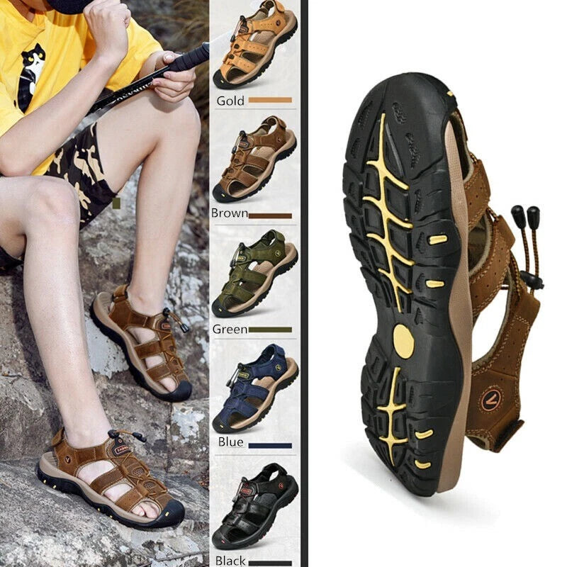Summer Men's Leather Sandals Closed Toe Beach Nonslip Outdoor Sport Hiking Shoes