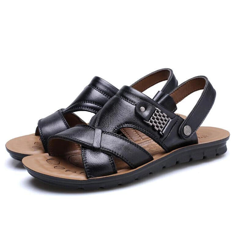 Summer Men's Leather Sandals Adjustable Casual Slippers Beach Holiday Shoes Size