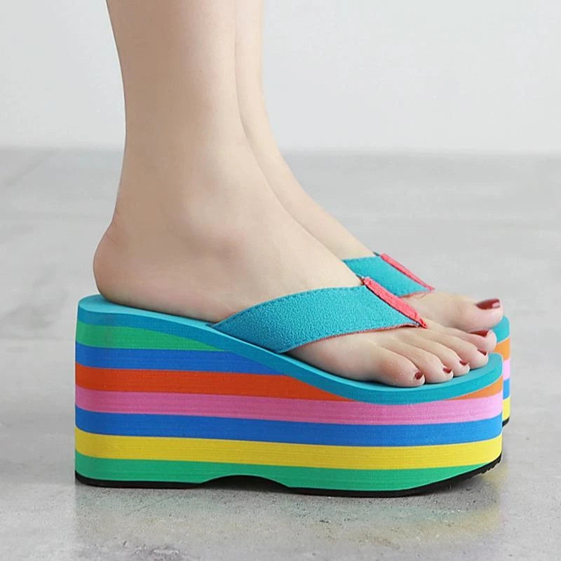 Womens Flat Platform Sandals Flip-flops Shoes Rainbow Color Beach Slipper Casual