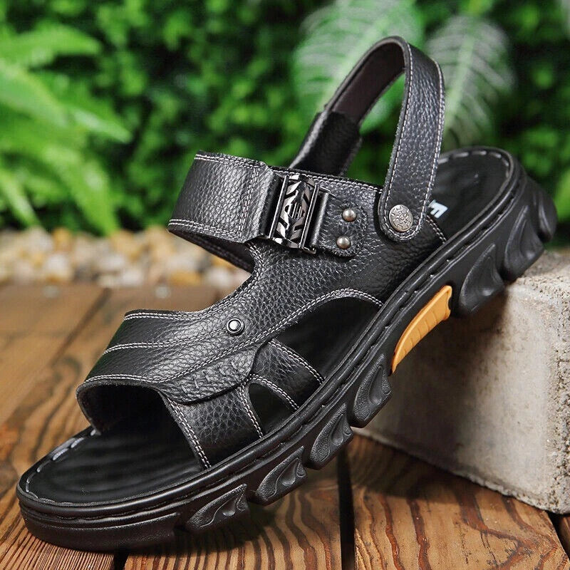 Mens Genuine Leather Sandals Summer Casual Sports Beach Shoes Soft Home Slippers