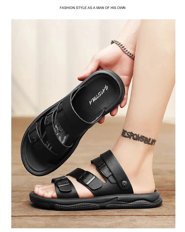 Summer Open Toe Slippers Sandals Hollow Out Faux Leather Men's Flats Beach Shoes